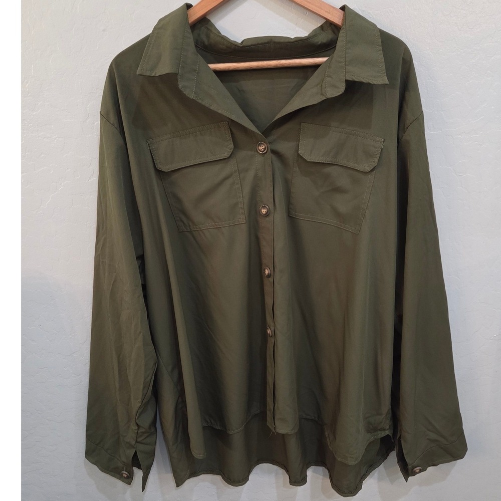 SHEIN Olive Green Top Button Down Shirt Long Sleeve Roll Tab Large Woman Blouse